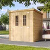 A wooden garden shed is shown outdoors on a patio next to a house and a swimming pool. Podgląd zdjęcia produktu