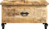 A close-up front view of a wooden chest with a black handle and wheels. Produktbild-Vorschau