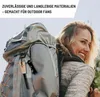 A woman with a backpack is shown outdoors, with text overlaying the top of the image. Produktbild-Vorschau
