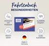 Marketing image showcasing features of a 'Fahrtenbuch' (logbook). Náhľad obrázku produktu