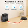 A robot vacuum cleaner and its charging station are shown on a wooden floor, with text describing its features. Produktbild-Vorschau