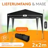 A black pop-up tent (Faltpavillon) with dimensions and included accessories shown. Produktbild-Vorschau