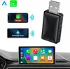 A product image showing a wireless CarPlay and Android Auto USB adapter, along with illustrations of smartphone integration with car displays. Podgląd zdjęcia produktu