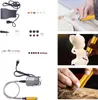 A collage of images showing a rotary tool set, its accessories, and examples of its use in carving wood and sculpting. Podgląd zdjęcia produktu