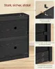 Close-up details of a black furniture item, highlighting its stability and safety features with text overlays and inset images. Produktbild-Vorschau