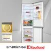 An open refrigerator with food items inside, next to a marketing award badge and the Kaufland logo. Produktbild-Vorschau
