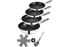 A set of Tefal Jamie Oliver frying pans and a wok are stacked on a white background, with a spatula and a pan protector accessory. Produktbild-Vorschau