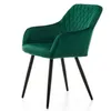 A green velvet dining chair with a diamond-stitched backrest and black metal legs, shown from a three-quarter angle against a white background. Podgląd zdjęcia produktu