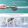 A hand holding a shower head with water spraying out, above a collage of bathroom cleaning scenarios. Produktbild-Vorschau