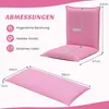 A pink floor chair and its folded state are shown with dimensions and feature icons. Produktbild-Vorschau