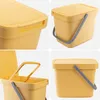 A collage of four images showing different views of a yellow plastic trash can with a lid and handle. Produktbild-Vorschau