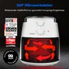 A white air fryer is shown with red arrows indicating heat circulation inside. There are also marketing badges and text overlays. Produktbild-Vorschau