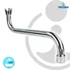 A chrome-plated S-shaped faucet spout is shown against a white and light gray background with circular graphic elements. Produktbild-Vorschau