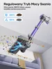 A cordless vacuum cleaner is shown hovering and cleaning up debris from a sofa. The vacuum has a purple handle and gray body, and it is depicted in motion with dust and particles flying around it. There are also two comparison graphics showing suction powe Podgląd zdjęcia produktu