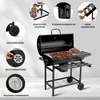 A charcoal grill with various features highlighted by circular insets and text labels. Produktbild-Vorschau