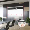 A projection screen is mounted on a wall in a modern conference room with chairs in the foreground. Produktbild-Vorschau