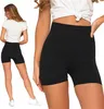 A woman wearing black high-waisted ribbed shorts and a white t-shirt, shown from the back and a close-up of the shorts. Produktbild-Vorschau