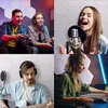 A collage of four images showing people engaged in various activities related to audio and gaming, with a hexagonal pattern in the background. Produktbild-Vorschau