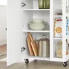 A white kitchen cart with shelves and drawers, containing kitchenware. Produktbild-Vorschau