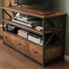 A TV stand with shelves and drawers, holding electronic devices and books. Podgląd zdjęcia produktu
