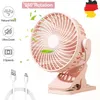 A pink clip-on fan with a white grill, shown with a USB cable and icons highlighting its features. Produktbild-Vorschau