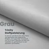 A close-up of gray fabric with text describing its features. Produktbild-Vorschau