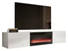 A modern white TV stand with a built-in electric fireplace and a large flat-screen TV mounted above it. Náhľad obrázku produktu