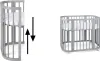 Two views of a grey crib with a white mattress on a white background. Arrows indicate movement up and down on the left image. Produktbild-Vorschau