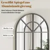 A close-up of a decorative arched mirror with a window pane design, with text overlays indicating product features and dimensions. Produktbild-Vorschau