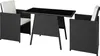 A black rattan dining set with white cushions, consisting of a table and two chairs, on a white background. Voir les images du produit