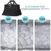 A black insulated lunch bag with three inset images showing ice cubes at 0, 6, and 12 hours. Produktbild-Vorschau