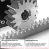 Close-up of a toothed rack and gear set, with text describing its features. Náhľad obrázku produktu