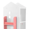 A close-up view of a white and pink house-shaped bookshelf. Podgląd zdjęcia produktu
