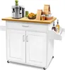 A white kitchen cart with a wooden countertop is shown, featuring a juicer, food, and drinks on top, and storage cabinets below. Produktbild-Vorschau