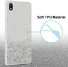 A phone case with glitter is shown with a diagram illustrating its material. Produktbild-Vorschau