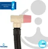 A close-up product shot of a beige and pink plumbing fitting with a black flexible hose attached, set against a white and light gray background with abstract shapes. Produktbild-Vorschau