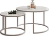 Two round nesting coffee tables with white marble-like tops and gray metal frames, displayed on a white background. Produktbild-Vorschau