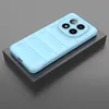A light blue phone case with a ribbed texture is displayed on a dark gray block against a light gray background. Produktbild-Vorschau