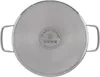 The bottom of a stainless steel pot is shown, with branding and manufacturing information visible. Produktbild-Vorschau