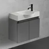 A modern wall-mounted bathroom vanity with a sink and faucet against a textured gray wall. Produktbild-Vorschau
