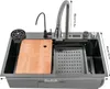 A digital multifunctional kitchen sink with faucet, cutting board, and drainer, shown with dimensions indicated. Náhled obrázku produktu