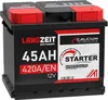 A black car battery with red and white labeling. Produktbild-Vorschau