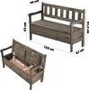 A diagram showing the dimensions of a wooden storage bench, with two views of the bench. Voir les images du produit