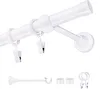 A white curtain rod with rings and clips, and separate components of the rod system shown below. Podgląd zdjęcia produktu