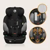A black and gray car seat with inset images highlighting features. Produktbild-Vorschau