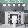 A white storage unit is placed over a toilet in a bathroom, showcasing its storage capabilities. Náhled obrázku produktu