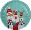 A round metal plate with a festive Christmas design featuring Santa Claus, a snowman, a penguin, a reindeer, and a polar bear. The background is a light blue with white snowflakes and stars. Produktbild-Vorschau