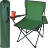 A green camping chair with a red cup in the holder and a green carry bag standing next to it. Voir les images du produit