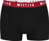 A pair of black boxer shorts with a red waistband featuring the Mustang logo. Produktbild-Vorschau