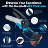 A diagram of a mini chainsaw with callouts highlighting its features. Produktbild-Vorschau